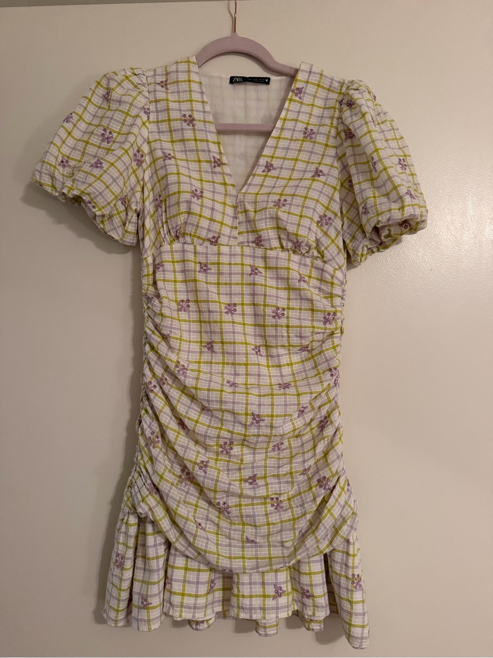 ZARA Purple & Green Plaid Mini Dress with Purple Floral Print